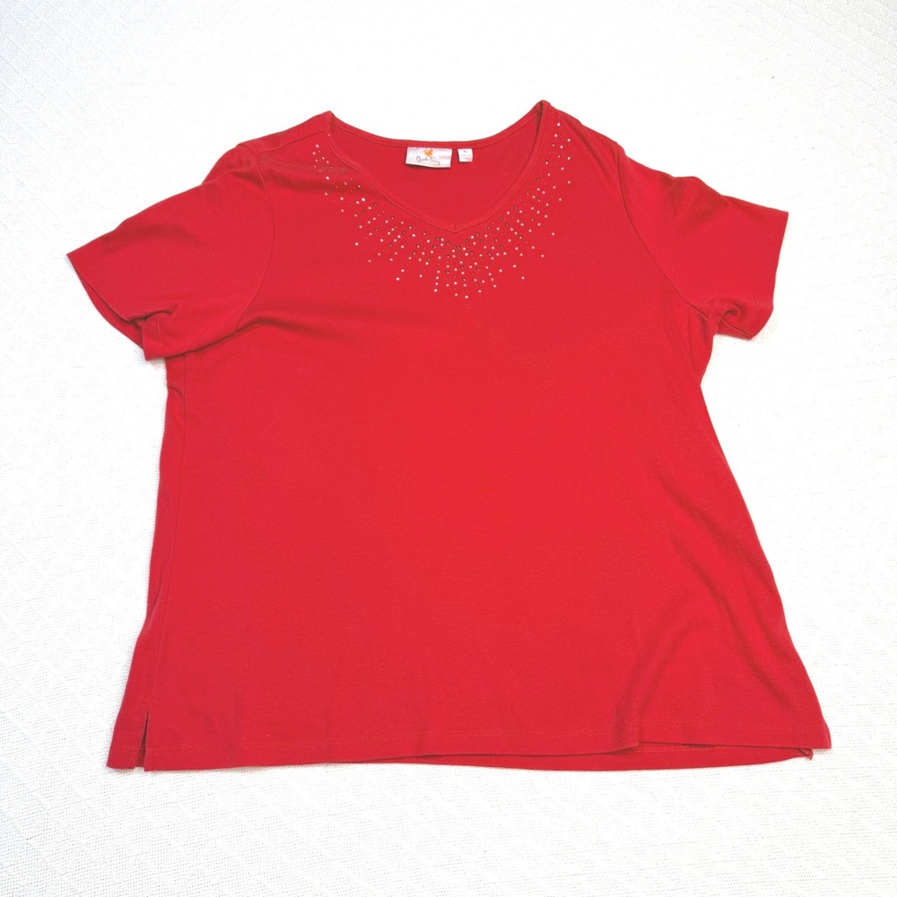 Quacker Factory Red Rhinestone V-Neck Short Sleeve Top XL